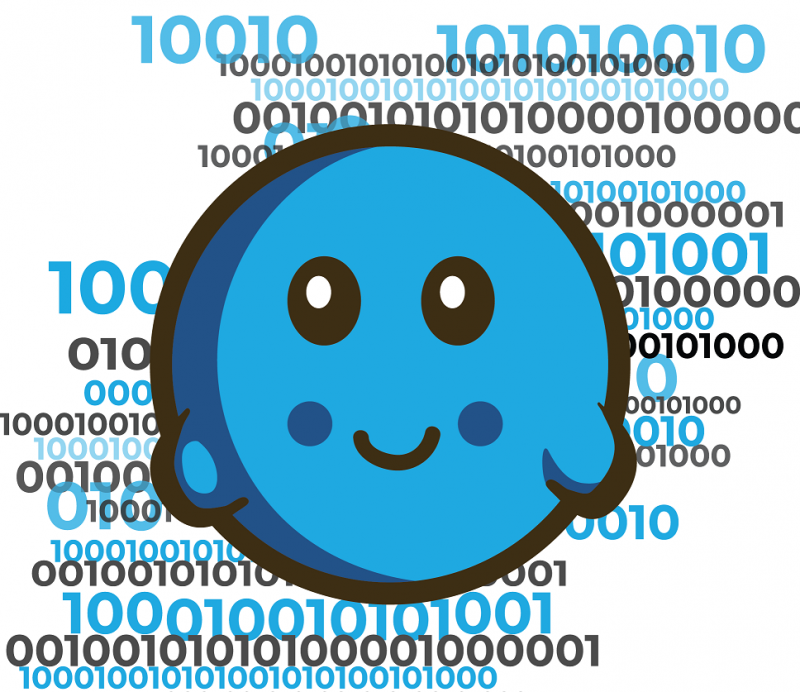 Cartoon depiction of "Datum", a genomic data point from NCI's Genomic Data Commons. He's blue and friendly with big eyes and a friendly smile. Surrounding him around zeros and ones, representing his place among the massive amounts of data collected for cancer research.