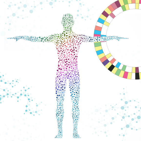 Colorful graphic with silhouette of man with outstretched arms overlapping a circle representing genes and DNA.