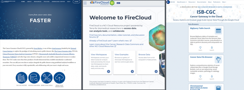 Screenshots of the three NCI Cloud Resources Data Portals respectively: the Cancer Genomics Cloud; the Broad Institute’s Firecloud; and the ISB Cancer Gateway in the Cloud.