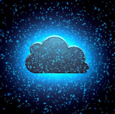 Black background homing in on a lighted cloud in the center; appears as if it was in space, dark background with blue light around the cloud.