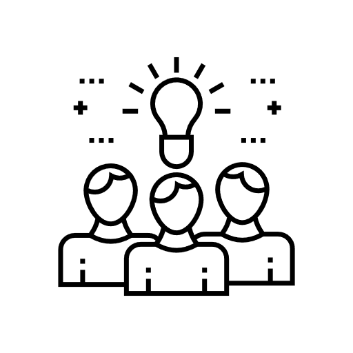 Icon depicting three individuals in a group. An illuminated light bulb hangs above their head, suggesting that they've developed an idea.