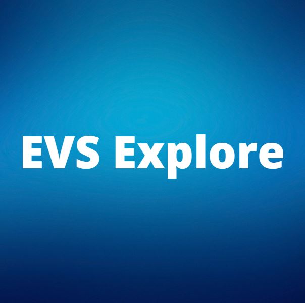 White text on a blue gradient background. Text reads "EVS Explore."