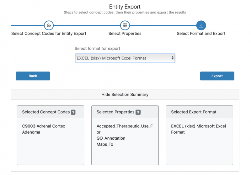 Depiction of Report Exporter application's "Entity Export" page. First select Concept Codes for Entity Export, then select Properties, then select Format and Export.
