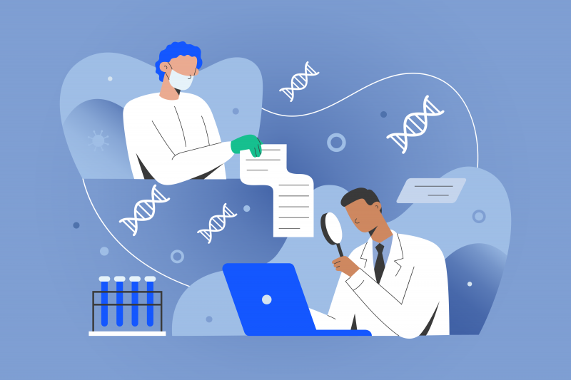 Graphic of one lab/bench researcher holding a long piece of paper with another researcher at a computer surrounded by double helixes.
