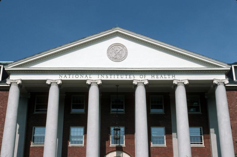 A close-up of Building 1, the administration building, at the National Institutes of Health (NIH). 