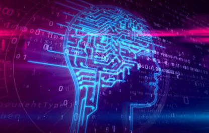 Image depicts a futuristic-looking head outlined in electric blue with circuits running throughout, representing brain activity. The head is surrounded by numbers, ones and zeros, and there are flashes of hot pink around the head and going through it.