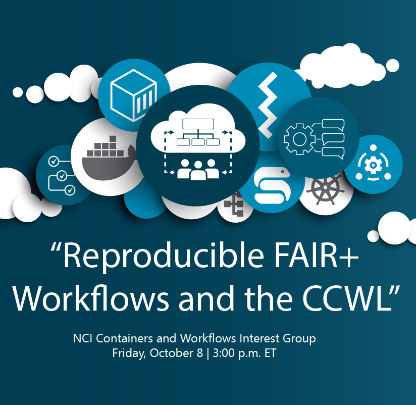 Text reads "Reproducible FAIR+ Workflows and the CCWL, NCI Container and Workflows Interest Group, Friday, October 8, 3:00 p.m. ET." Set against a background of illustrated icons showing cogs and wheels, boxes, check lists, building blocks, clouds, computer coding, medical emblems, and people.