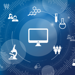 Variety of bioinformatics icons (microscope, cluster of user icons, molecular structures, and test tubes) revolving around a computer icon on a blue background.