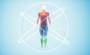Image of human body moving from red at the neck and shoulders, down to blue at the waist and upper legs, to green from the knees down. An atom is superimposed over the figure.