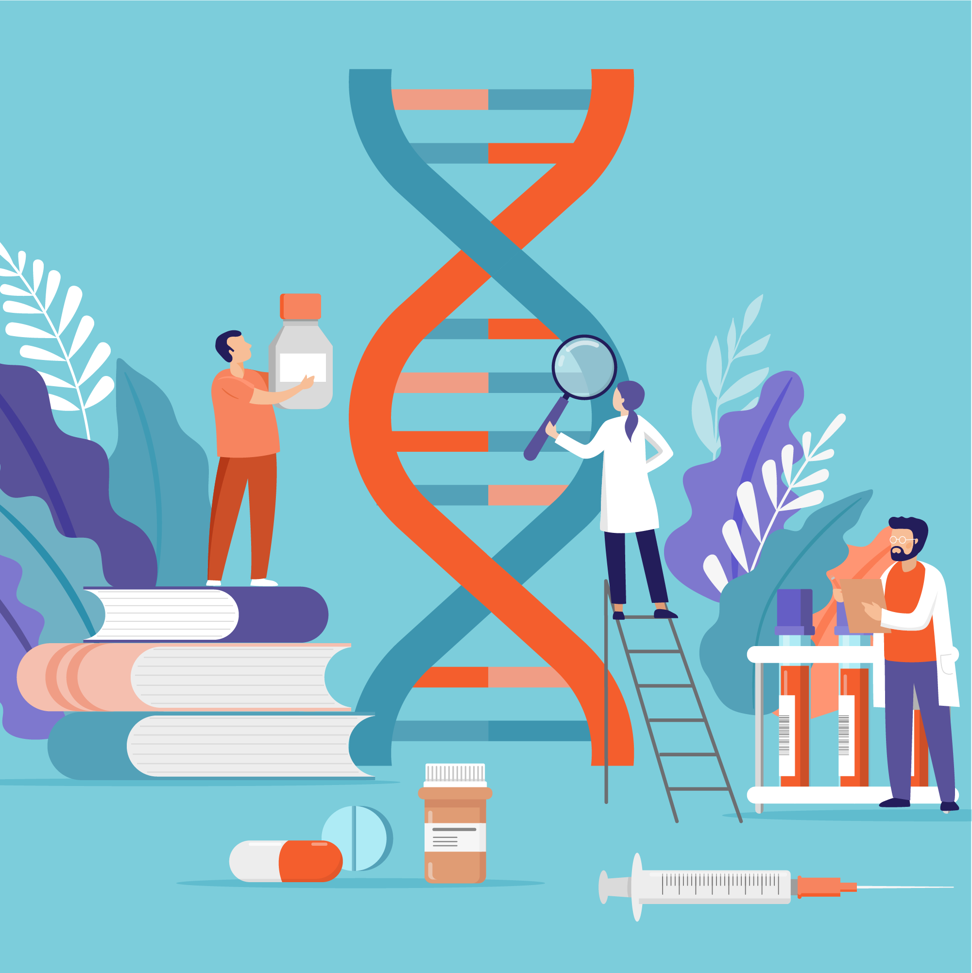 Vector art showing three researchers examining a double helix while holding prescription bottles.