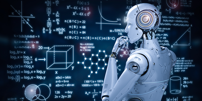 Dark blue background, illustration of a robot (artificial intelligence) looking at a board full of math equations.