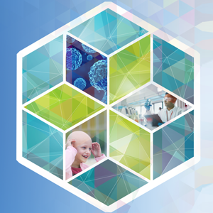 Kaledidoscope-looking view with pastel colors in greens, blues with different shapes inside each prism, one featuring a young cancer patient, the other, a cancer researcher.