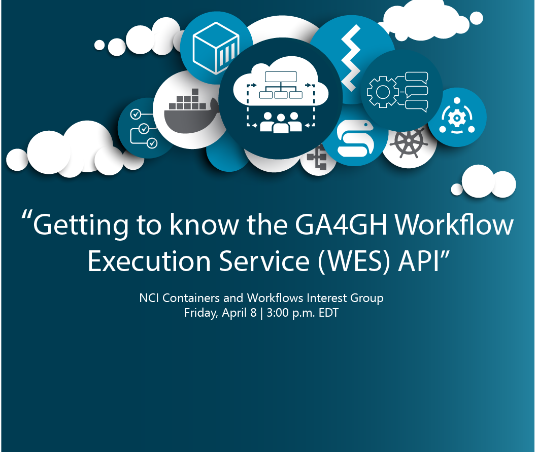 A decorative image illustrating the data science cloud. Text reads, "'Getting to know the GA4GH Workflow Execution Service (WES) API,' NCI Containers and Workflows Interest Group, Friday, April 8 | 3:00 p.m. EDT."