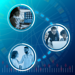Decorative image containing three circles with a researching looking at a medical scans, a team gathering around a laptop, and a doctor with a patient to illustrate the lifecycle of informatics.