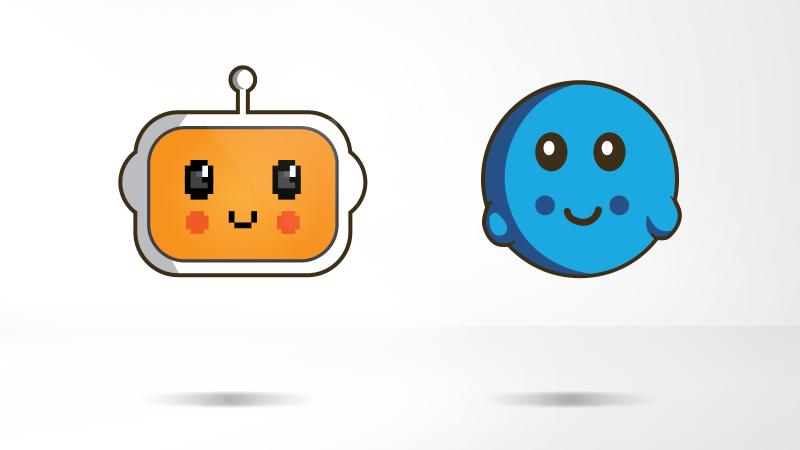 Artist's rendition of data and artificial intelligence. Shows a small blue circle with a big smile to represent data and an orange rectangle with an antenna on top, also smiling, to represent AI.