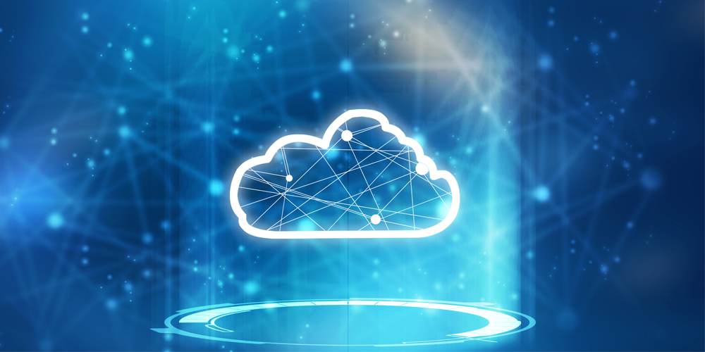 Stylized photo of a cloud against a background of interconnected lines and dots. Designed to capture the idea that the cloud helps to connect data science research.