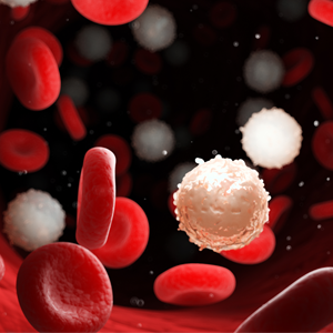 Stylized illustration showing red and white blood cells against a dark background. 