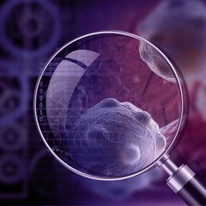 Magnify glass zooming in on light purple molecule with dark purple background