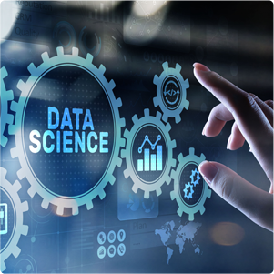 Screen with different sized round gears connected to each other. A female finger is pointing to the screen. The largest gear has the words DATA SCIENCE inside the center of it