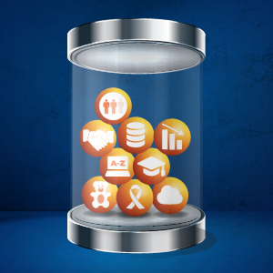 Illustration of a clear-glass capsule that houses multiple balls that depict icons referencing data types. This includes icons of statistics, childhood cancer, cloud, and partnerships.