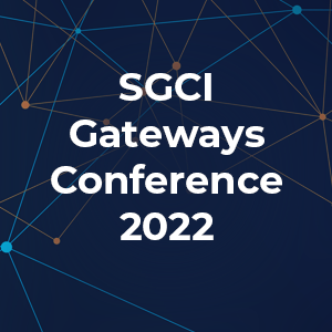 A blue background with white text in the foreground that reads "SGCI Gateways Conference 2022"