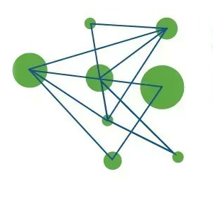 Illustration of green data points inter-connected by blue lines. Meant to illustrate a network.