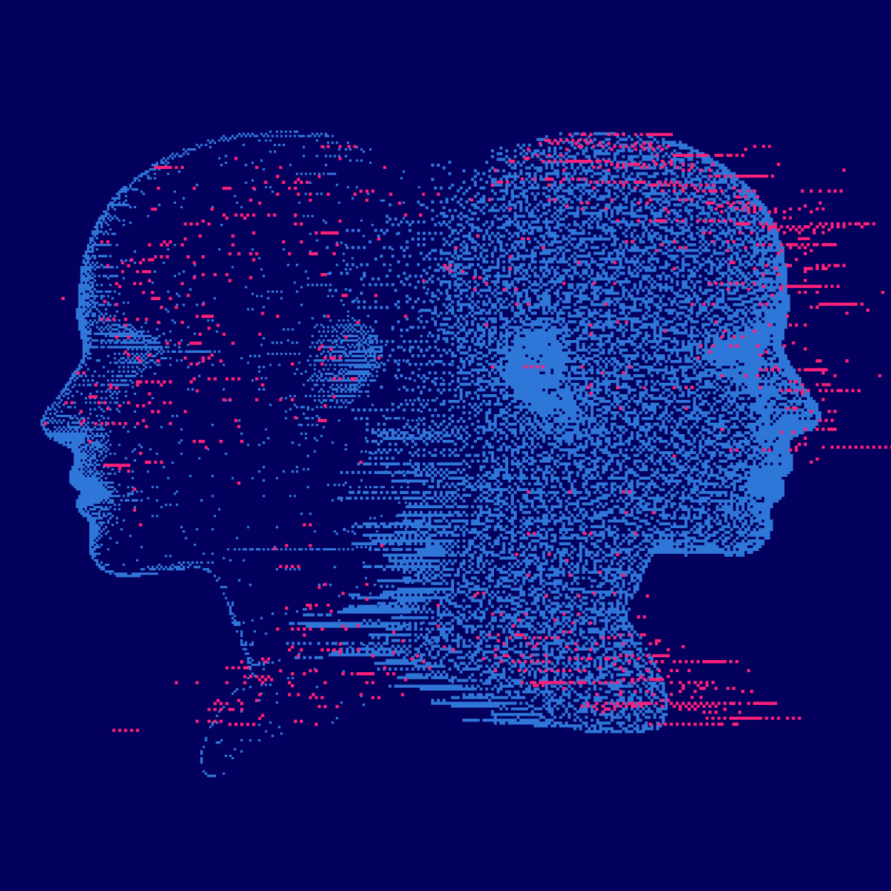Artists conceptualization of a digital twin. Shows the mirrored image of two heads. The only difference is one head is filled in with dots whereas the second head has spaces missing. 