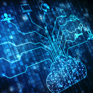 Futuristic cloud image with lines connecting to icons that represent key parts of data use, including a laptop, a globe, people, a mobile device, a lock, a key, a magnifying glass. All set against a blue background with smaller images denoting computer code.