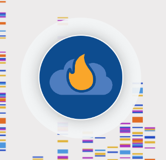 blue circle with orange flame in the middle of a light blue cloud icon to represent the FireCloud icon. Background shows multi-colored stacked rectangles to represent data