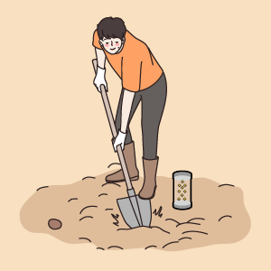 Illustration of a man digging a hole with a shovel. Sitting next to him is a time capsule, which is the object that will be buried by the man.