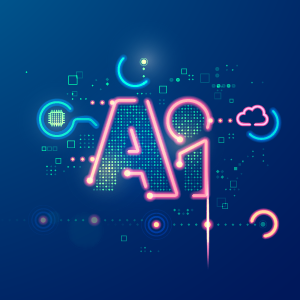 Rendered illustration representing Artificial Intelligence as "AI" with computer science icons (cloud, microchip, sparklines) connected to it.