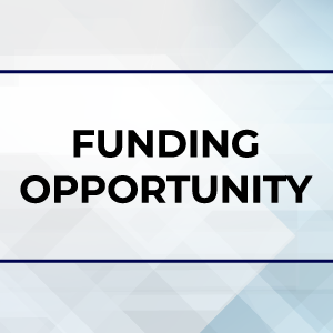 Text reads, "Funding Opportunity," overlaid on a blue and grey-scale repeating triangular pattern. 