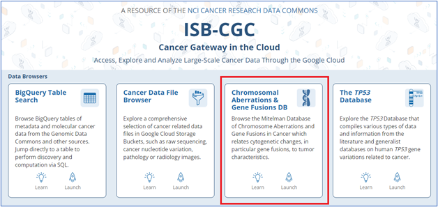 Screenshot of the ISB-CGC Cancer Gateway in the Cloud homepage, showing the Mitelman Database as the third panel in the Data Browser Section, "Chromosomal Aberrations & Gene Fusions DB." Full header text reads, "A Resource of the NCI Cancer Research Data Commons. ISB-CGC Cancer Gateway in the Cloud. Access, Explore and Analyze Large-Scale Cancer Data Through the Google Cloud." Data Browsers. First panel text reads, "BigQuery Table Search." Icon of calendar. "Browse BigQuery tables of metadata and molecular cancer data from the Genomic Data Commons and other sources. Jump directly to a table to perform discovery and computation via SQL." Icon of lightbulb. "Learn." Icon of rocket ship. "Launch." Second panel text reads, "Cancer Data File Browser." Icon of funnel. "Explore a comprehensive selection of cancer related data files in Google Cloud Storage Buckets, such as raw sequencing, cancer nucleotide variation, pathology or radiology images." Icon of lightbulb. "Learn." Icon of rocket ship. "Launch." Third panel text reads, "Chromosomal Aberrations & Gene Fusions DB." Icon of DNA hilux. "Browse the Mitelman Database of Chromosome Aberrations and Gene Fusions in Cancer which relates cytogenetic changes, in particular gene fusions, to tumor characteristics. Icon of lightbulb. "Learn." Icon of rocket ship. "Launch." Fourth and final panel text reads, "The TP53 Database." Icon of a gene specimen. "Explore the TP53 Database that compiles various types of data and information from the literature and generalist databases on human TP53 gene variations related to cancer." Icon of lightbulb. "Learn." Icon of rocket ship. "Launch." 