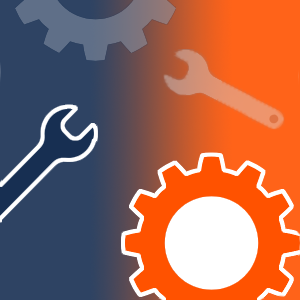 Illustrations of gears and open-ended wrenches. Icons are a variety of blue and orange colors. 