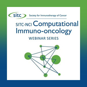 green data points inter-connected by blue lines. Text reads SITC  Society for Immunotherapy of Cancer SITC-NCI Computational Immuno-oncology webinar series