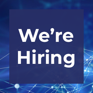 Blue network background with text that reads "we're hiring"