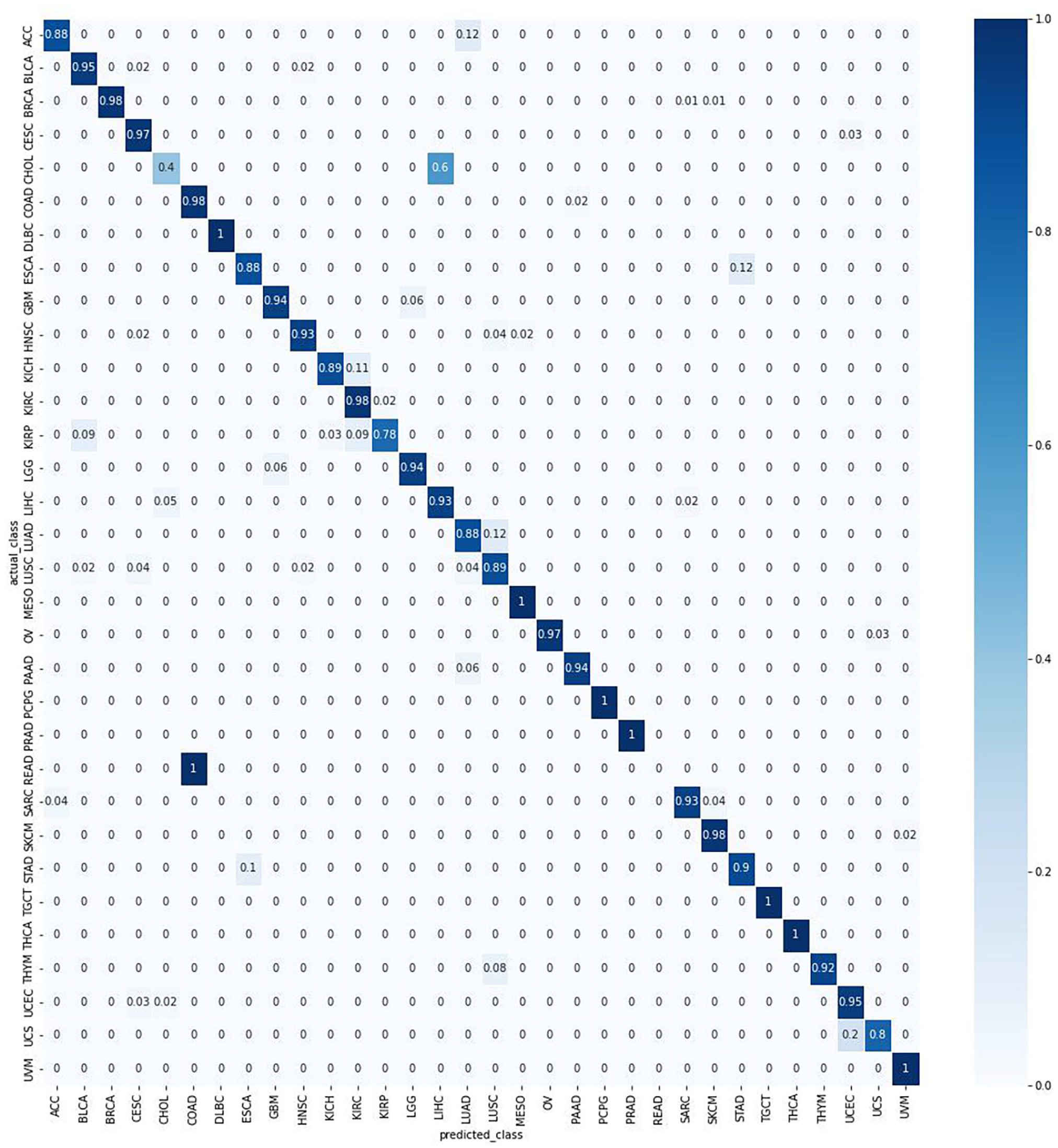 Confusion matrix of accuracy for 32 primary tumor types (X axis) and protein coding genes (Y axis). For the CNN-32 and CNN-32-PC models, the test accuracy was above 80% for 28 and 29 primary tumor types respectively and 90% for 25 primary tumor types. The primary tumor types with an accuracy of below 80% shared between both models include CHOL at 40% and READ at 0%.