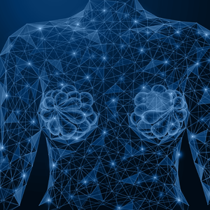 A low-poly torso design of a female made of interconnected lines and points on a blue background. 