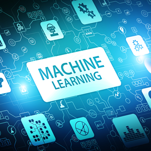 Illustration shows the words "Machine Learning" against a blue background of different icons illustrating the process of machine learning.
