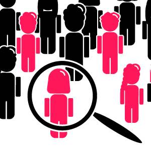 Artist's interpretation of cancer surveillance shows a population of stick figures with a magnifying glass centered over one of the figures.