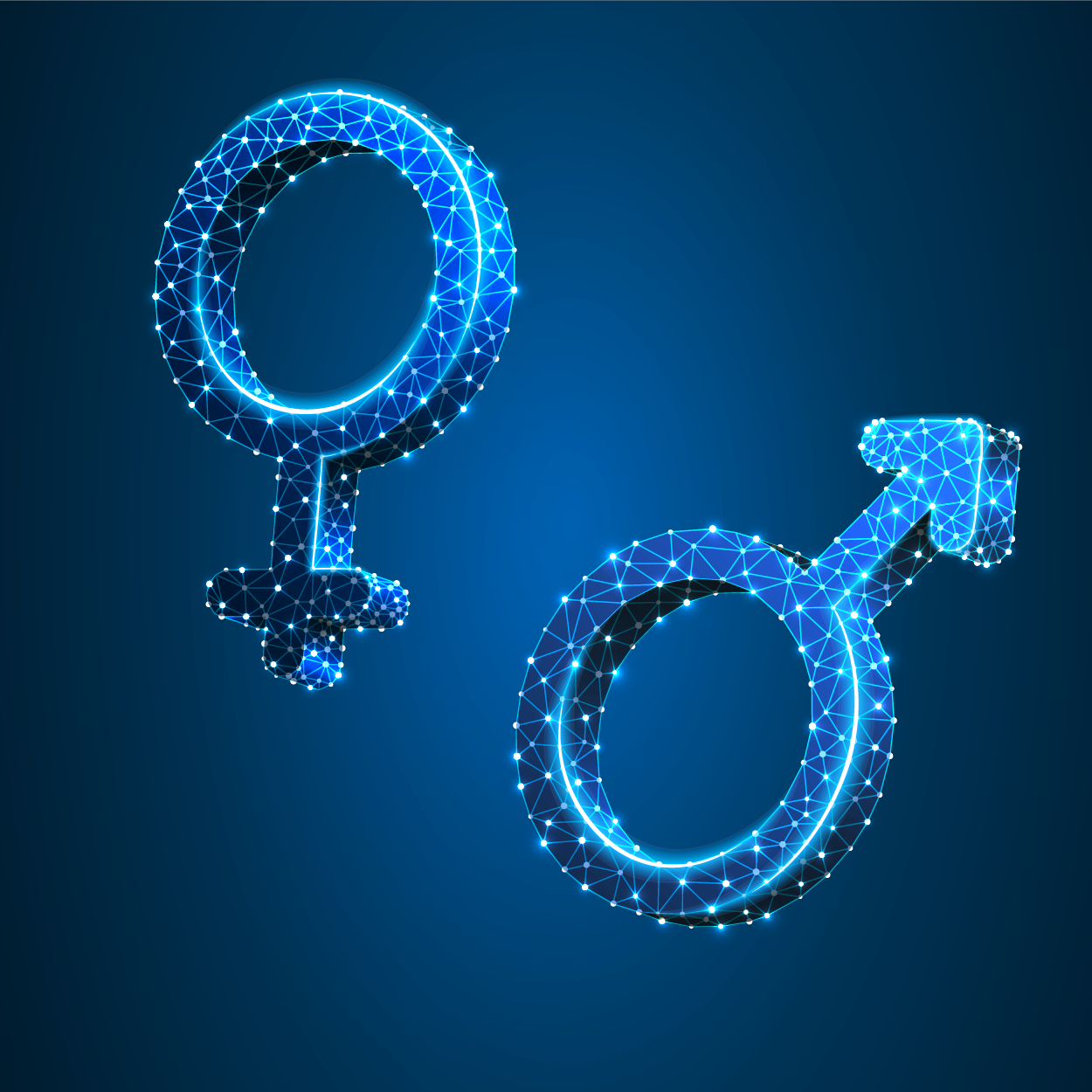 Blue graphic and male and female symbols with data connectivity theme