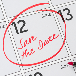 A calendar shows a date circled in red, with the words “save the date.” 