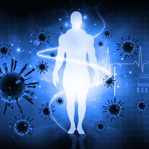 Virus with human body. Immune defence concept