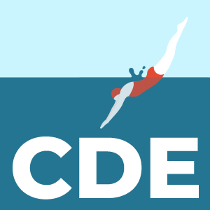 Take a deep dive into CDEs. Illustration shows a swimmer diving into a pool with large letters, CDE, which represents Common Data Elements. 