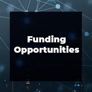 Text reads "Funding Opportunities" over a blue data-related background