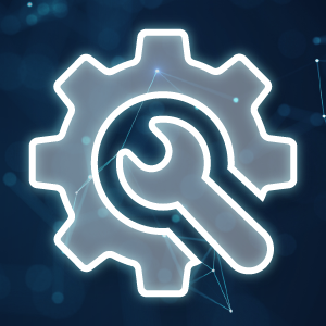 Gray gear on an abstract blue background with a gray wrench in the center of it.