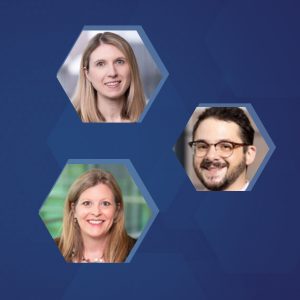 Professional headshots of Lindsey Enewold, Ph.D., M.P.H., Helen M. Parsons, Ph.D., M.P.H., and  Sam Greenwald, M.S. on a blue hexagon background
