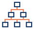 Network chart icon showing a 3-level hierarchy of blue outlined boxes connected by orange lines. The hierarchy shows a single box branching to a second layer of 2 boxes that connect to a third layer of 3 boxes.