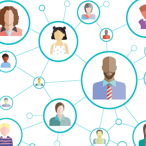 Circles containing illustrated people are connected to one another by a series of lines. The people represent a wide variety of ages, ethnicity, and gender. The graphic shows the variety and connectedness of data within the MyPart data set. 