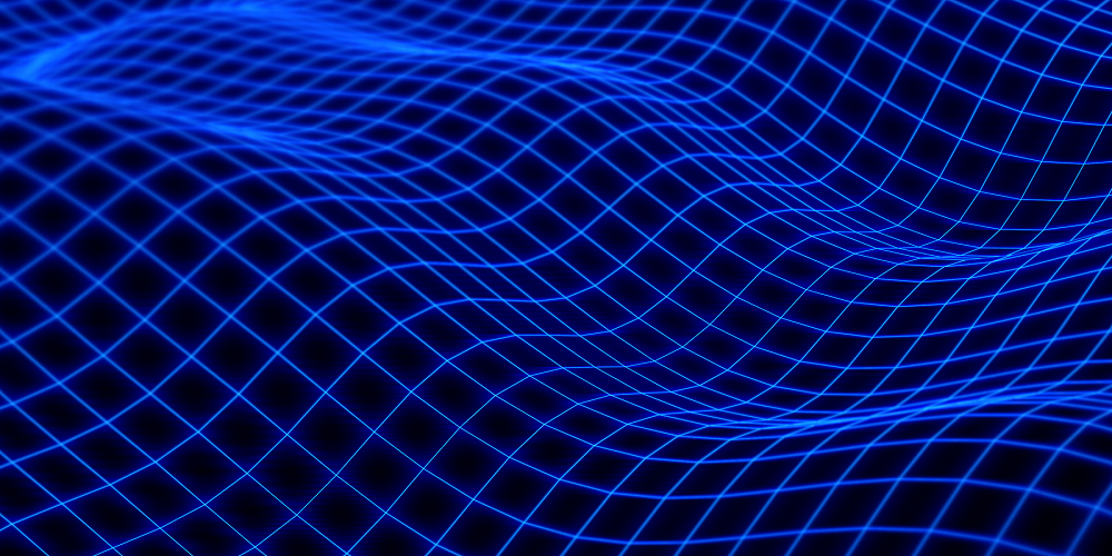Abstract blue polygonal wave on black backdrop.